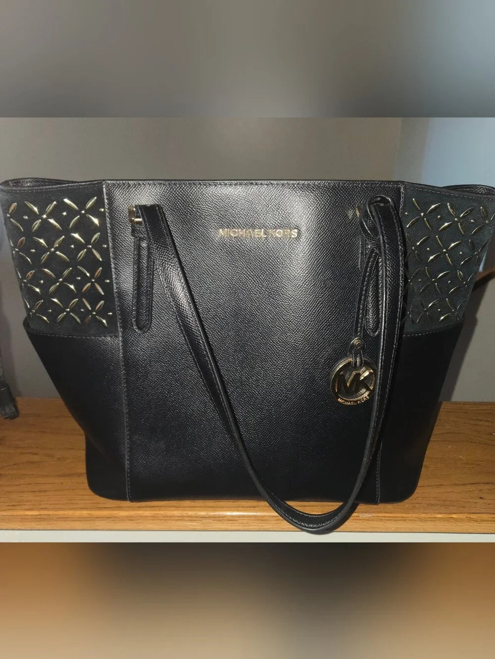 MICHAEL KORS Black Leather Tote with Gold MK Charm EUC